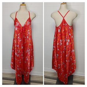 La Senza Red Floral Satin Asymmetric Hem Midi Slip Dress Size XL